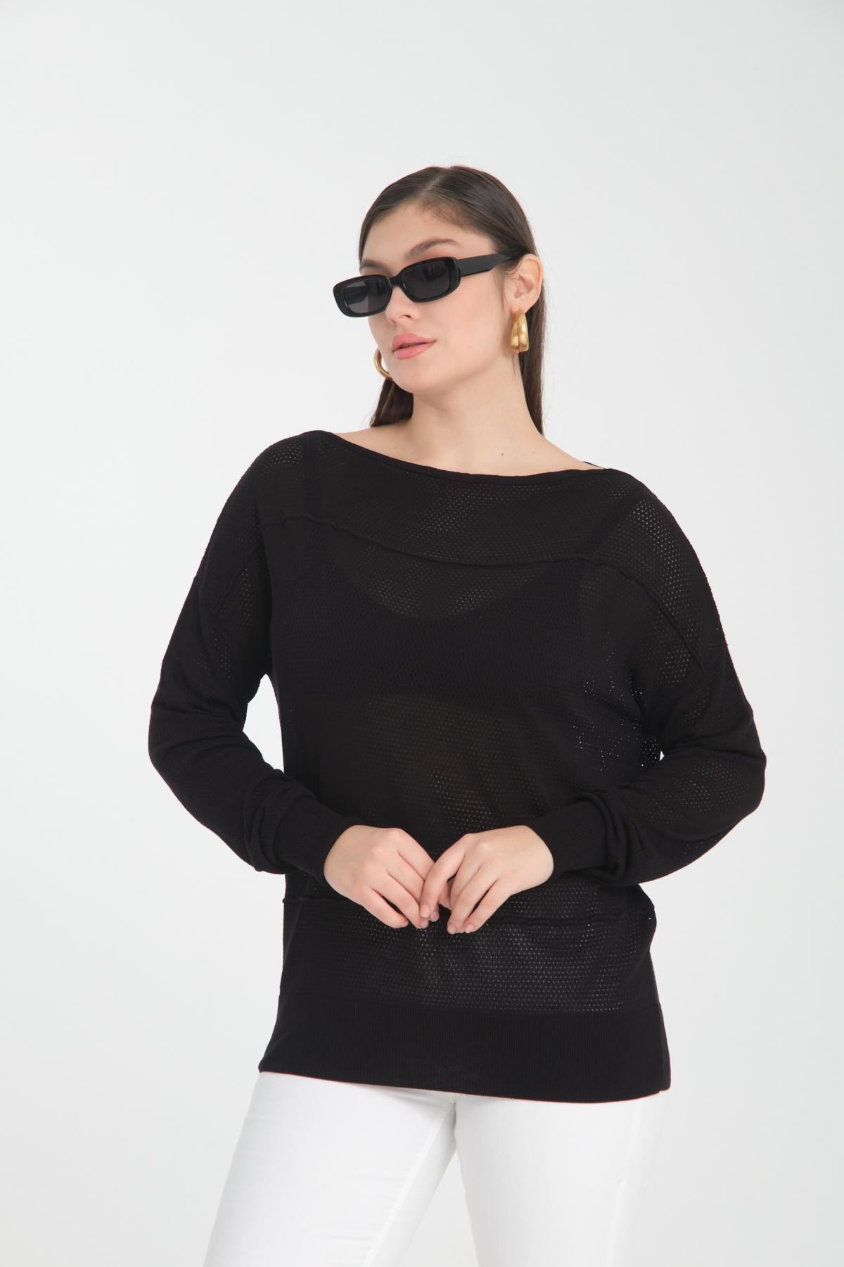 Wholesale Women Black Openwork Boat Neck Knit Blouse 722630