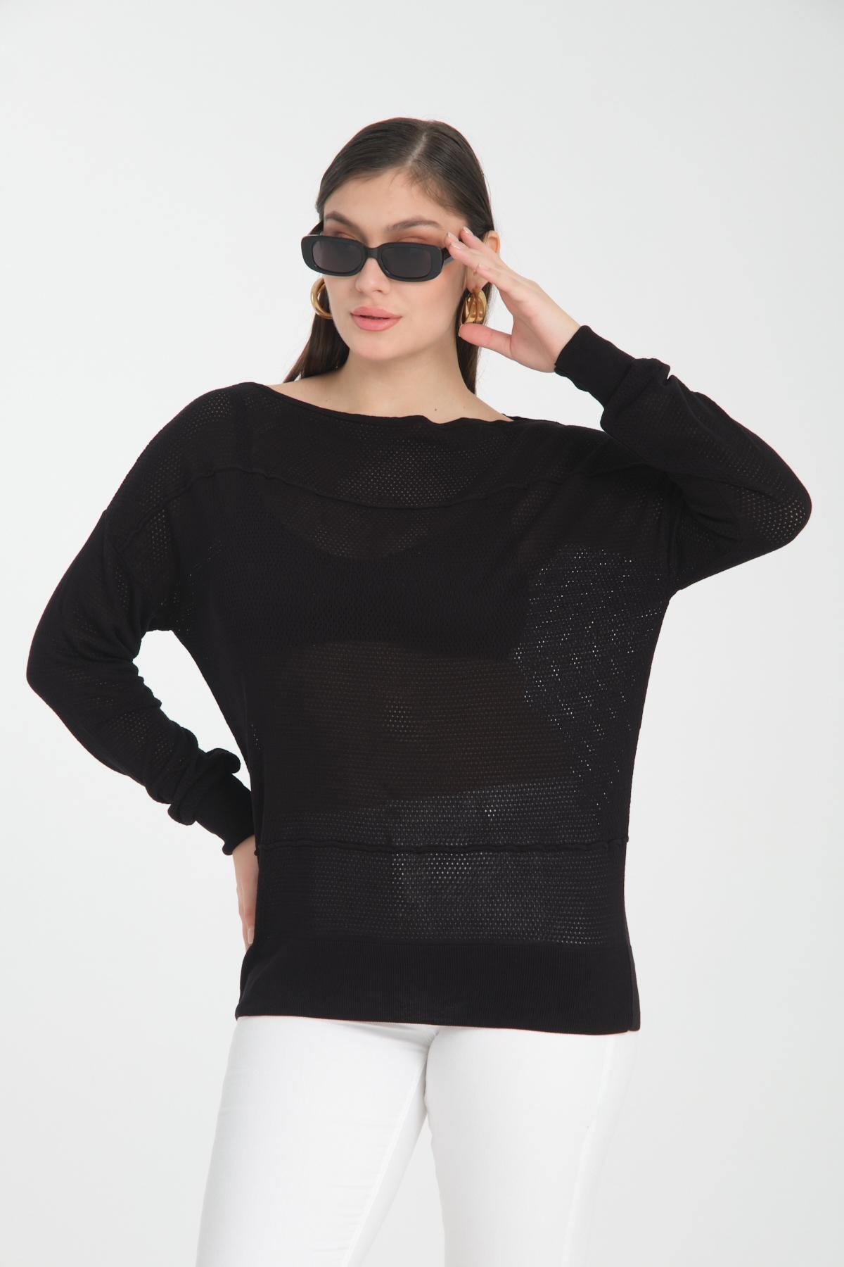 Wholesale Women Black Openwork Boat Neck Knit Blouse 722630