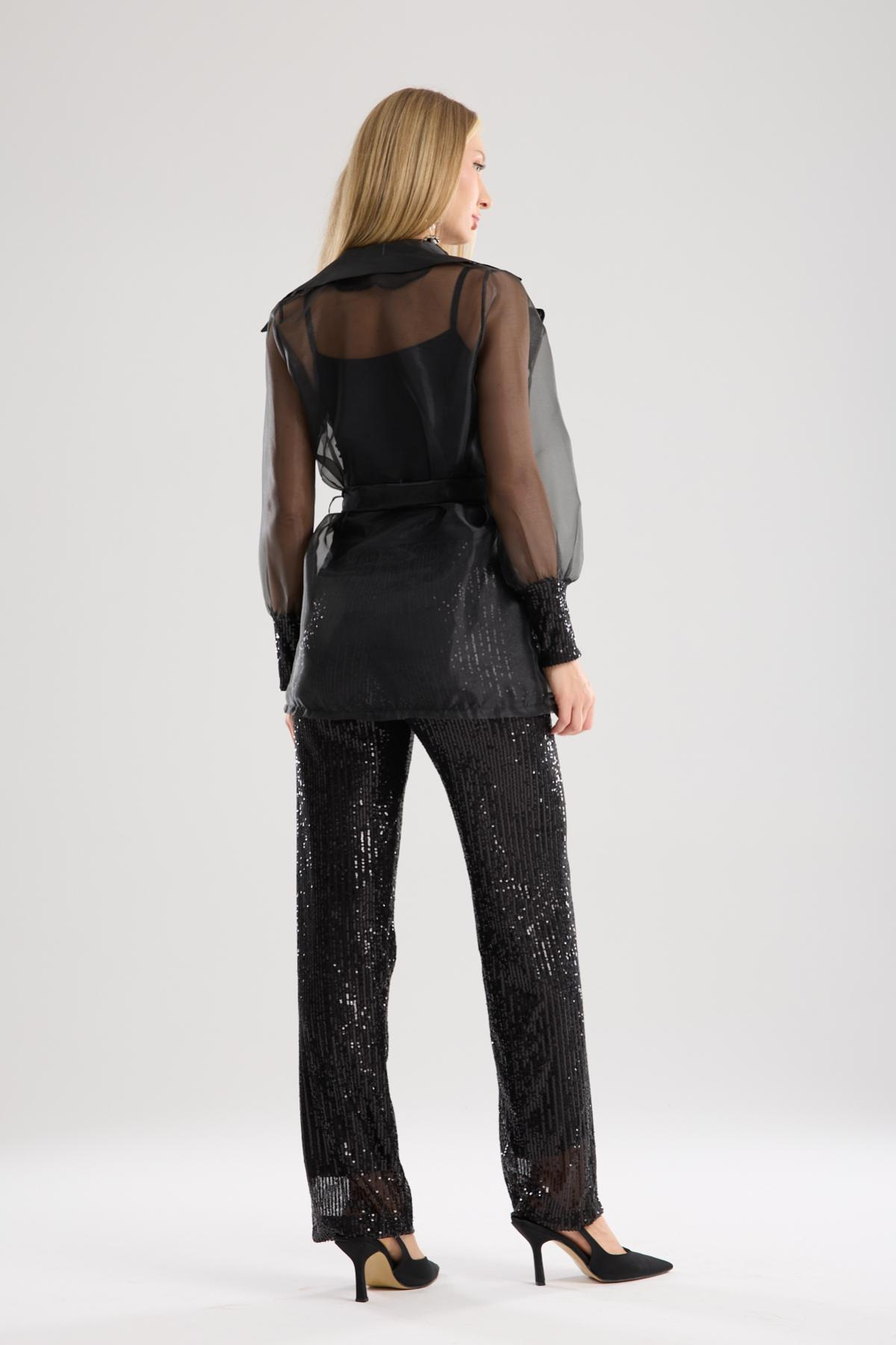 Wholesale Women Black Organza Jacket with Sequined Tank Top Inside 733376