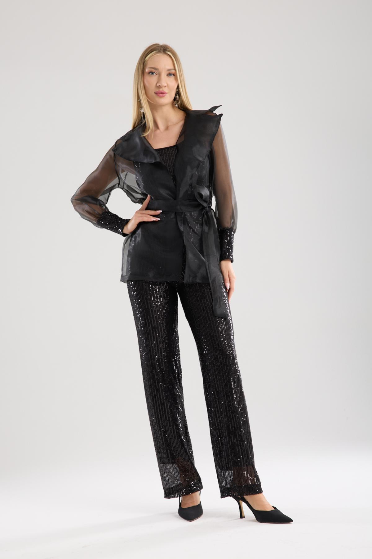 Wholesale Women Black Organza Jacket with Sequined Tank Top Inside 733376