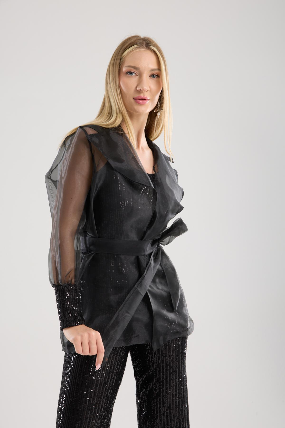 Wholesale Women Black Organza Jacket with Sequined Tank Top Inside 733376