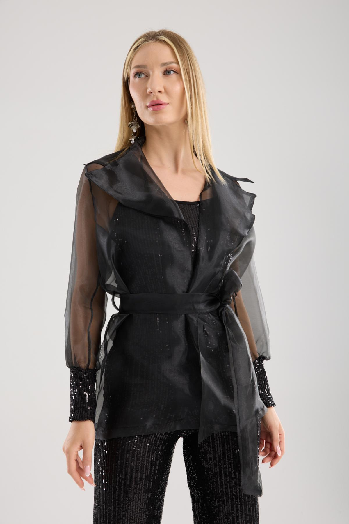 Wholesale Women Black Organza Jacket with Sequined Tank Top Inside 733376