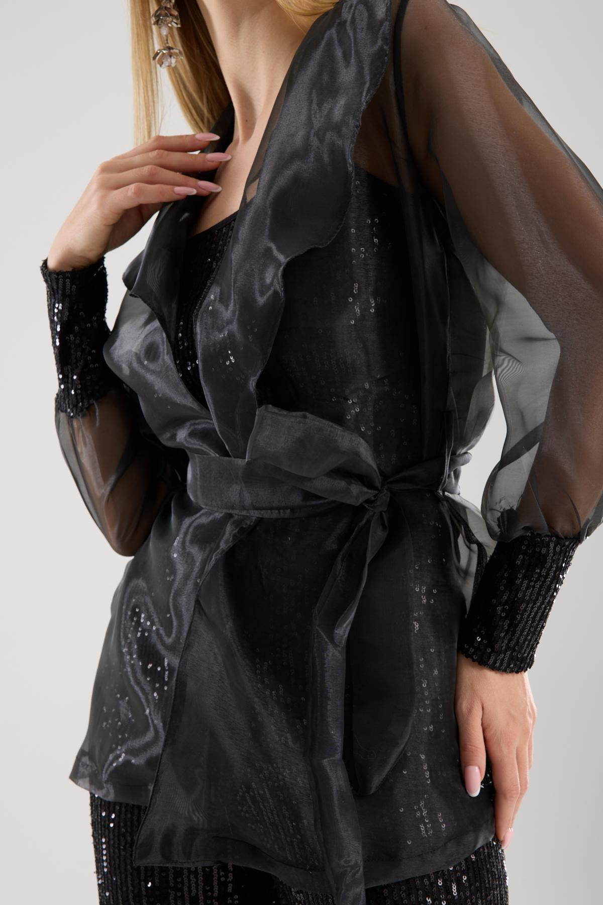 Wholesale Women Black Organza Jacket with Sequined Tank Top Inside 733376