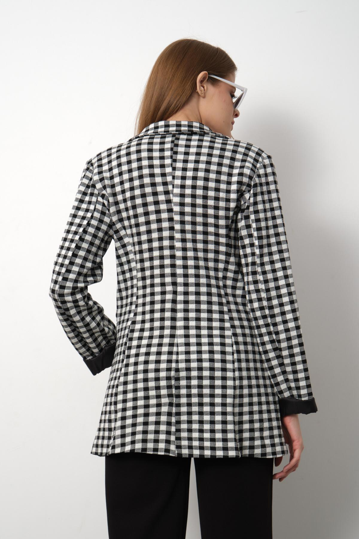 Wholesale Women Black Plaid Notched Collar Welt Pockets Lined Blazer 715576