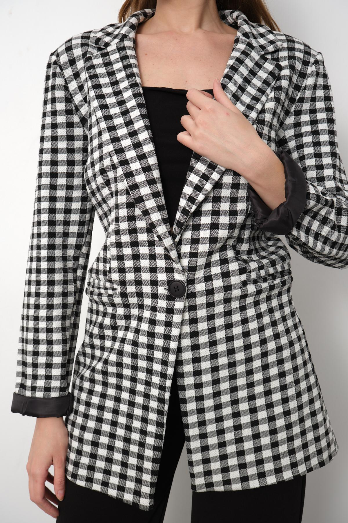 Wholesale Women Black Plaid Notched Collar Welt Pockets Lined Blazer 715576