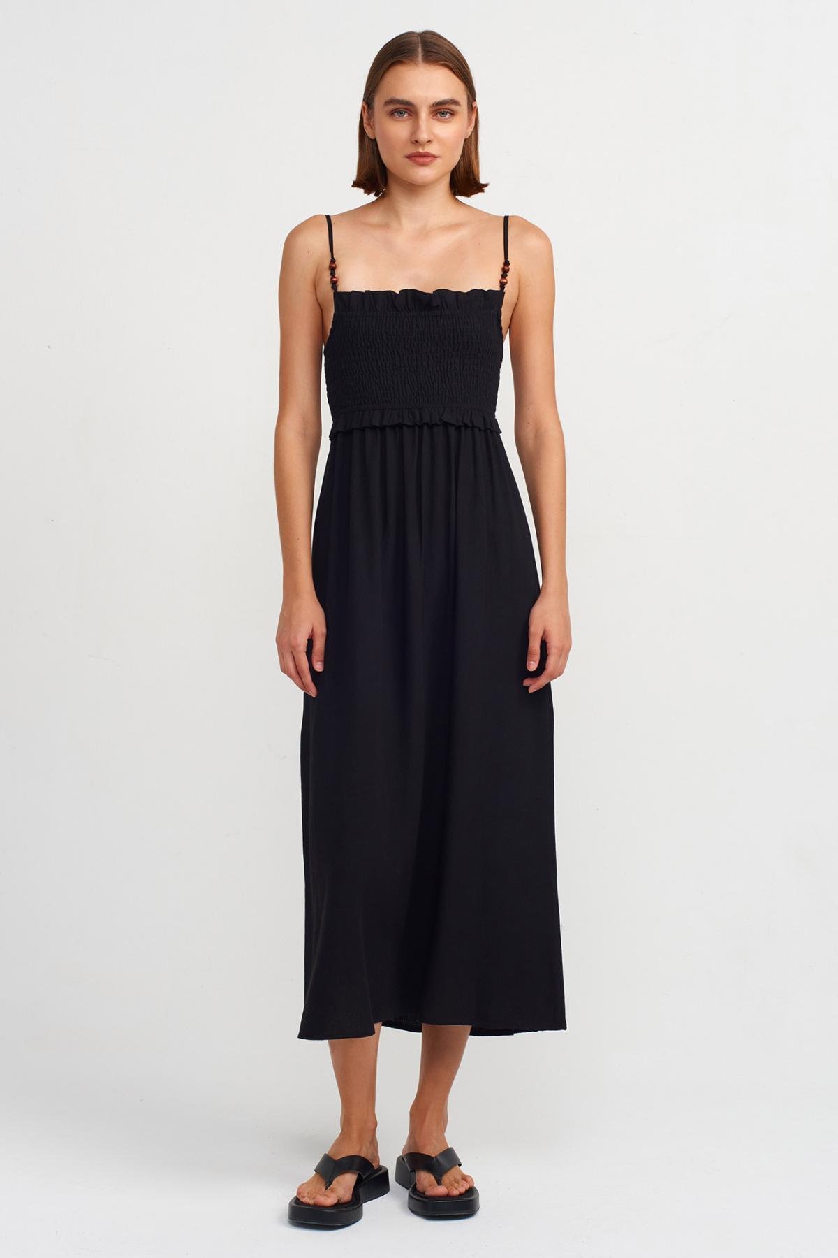 Wholesale Women Black Pleated Midi Dress 725500