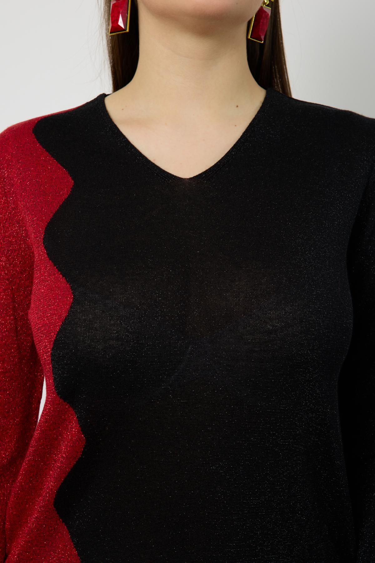 Wholesale Women Black-Red Two Tone Glittery V-Neck Knit Blouse 724830