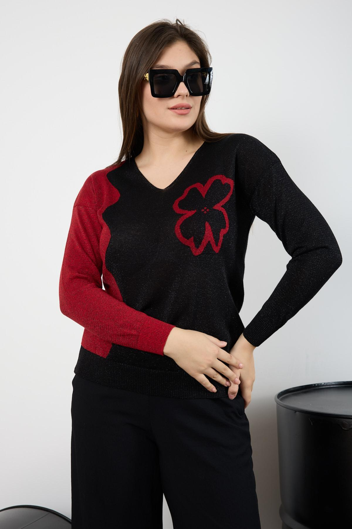 Wholesale Women Black-Red Two Tone Glittery V-Neck Knit Blouse 725241