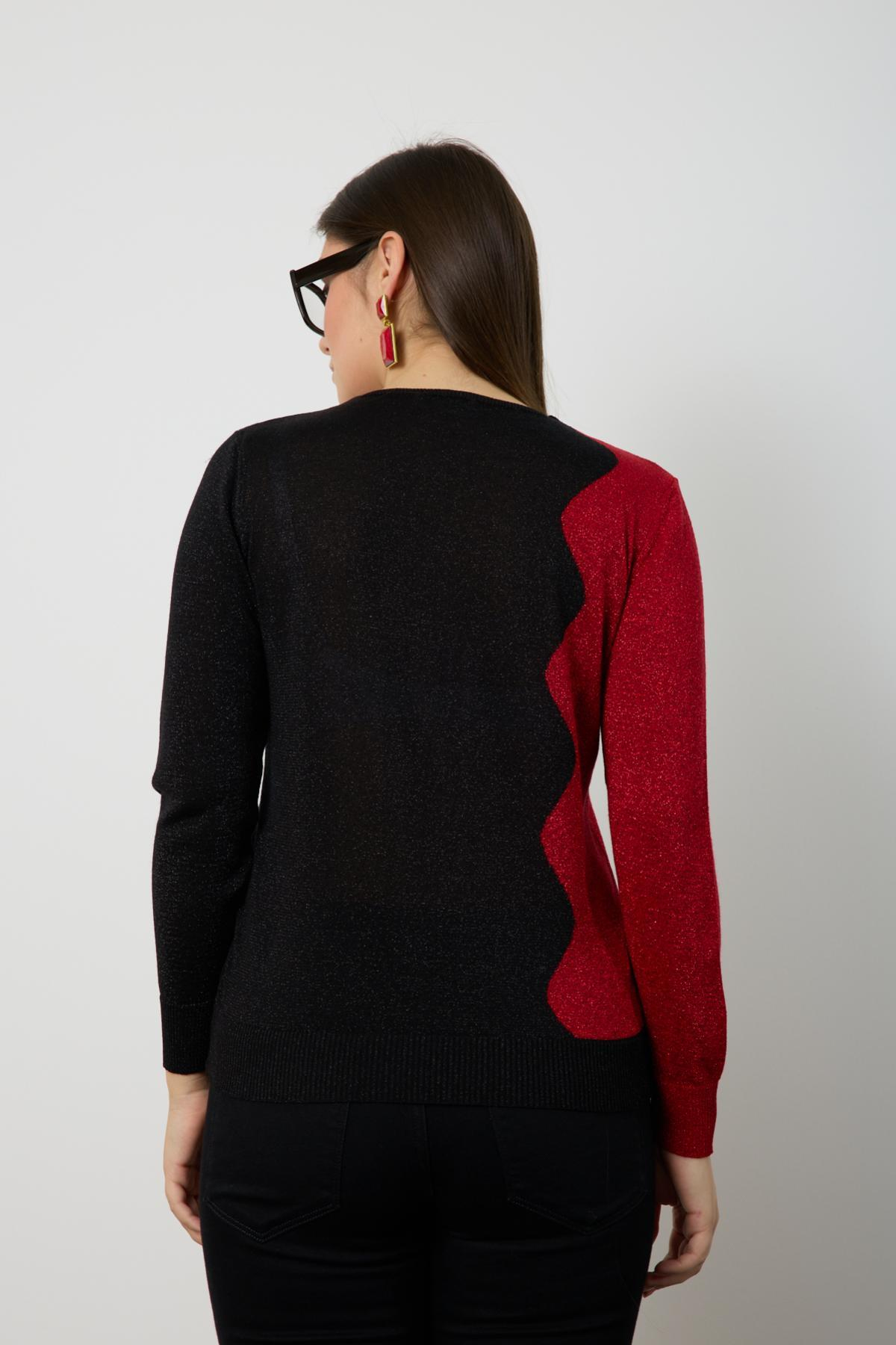 Wholesale Women Black-Red Two Tone Glittery V-Neck Knit Blouse 724830