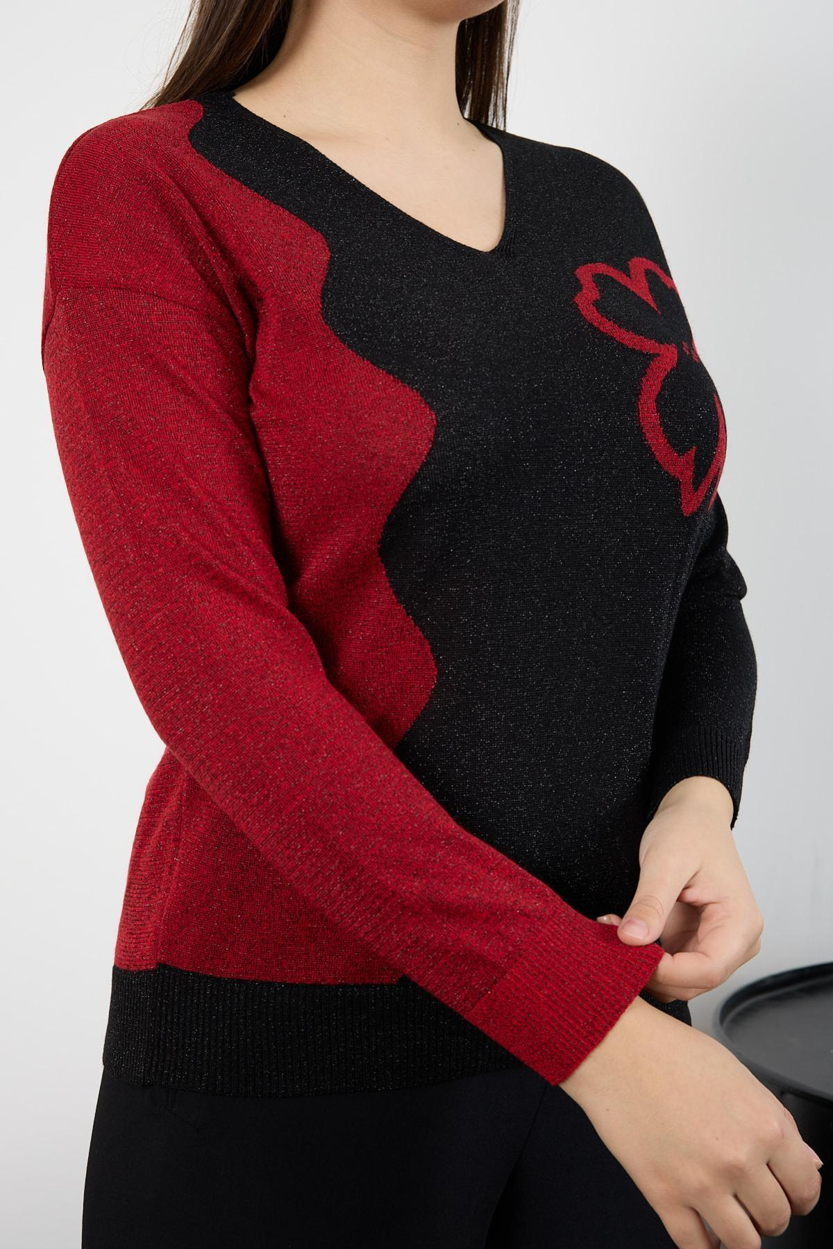 Wholesale Women Black-Red Two Tone Glittery V-Neck Knit Blouse 725241