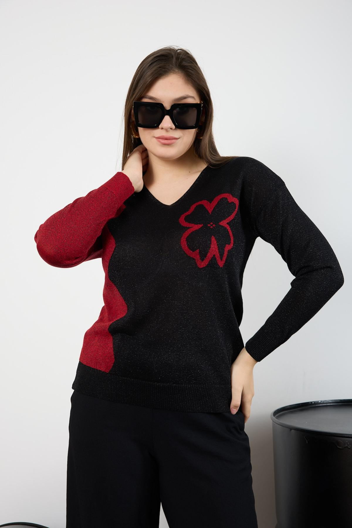 Wholesale Women Black-Red Two Tone Glittery V-Neck Knit Blouse 725241