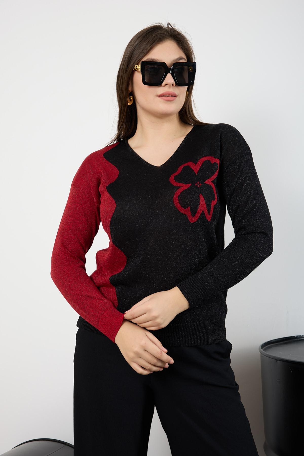 Wholesale Women Black-Red Two Tone Glittery V-Neck Knit Blouse 725241