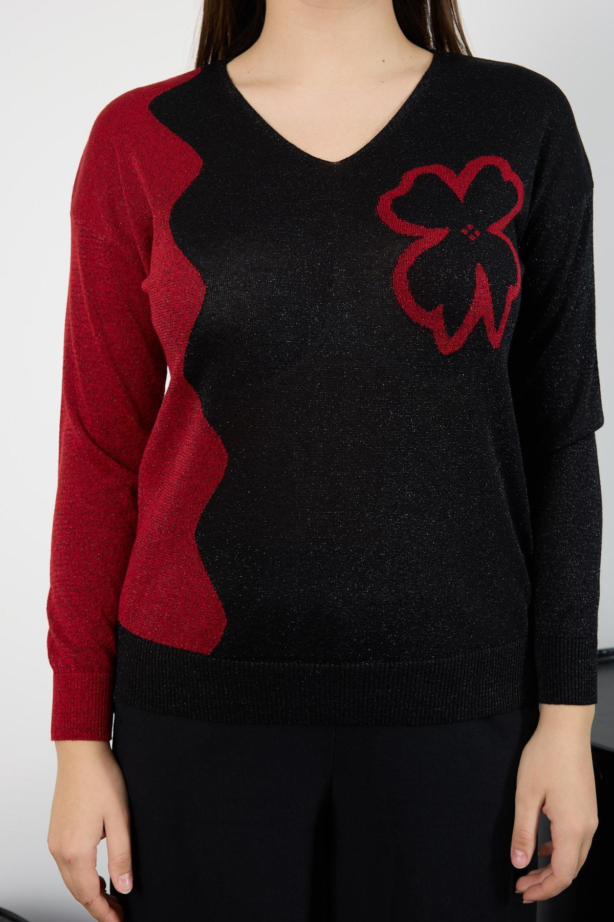 Wholesale Women Black-Red Two Tone Glittery V-Neck Knit Blouse 725241