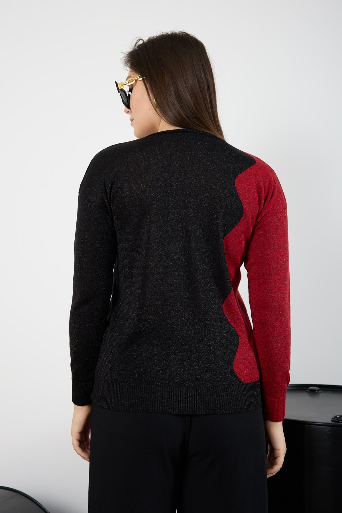 Wholesale Women Black-Red Two Tone Glittery V-Neck Knit Blouse 725241