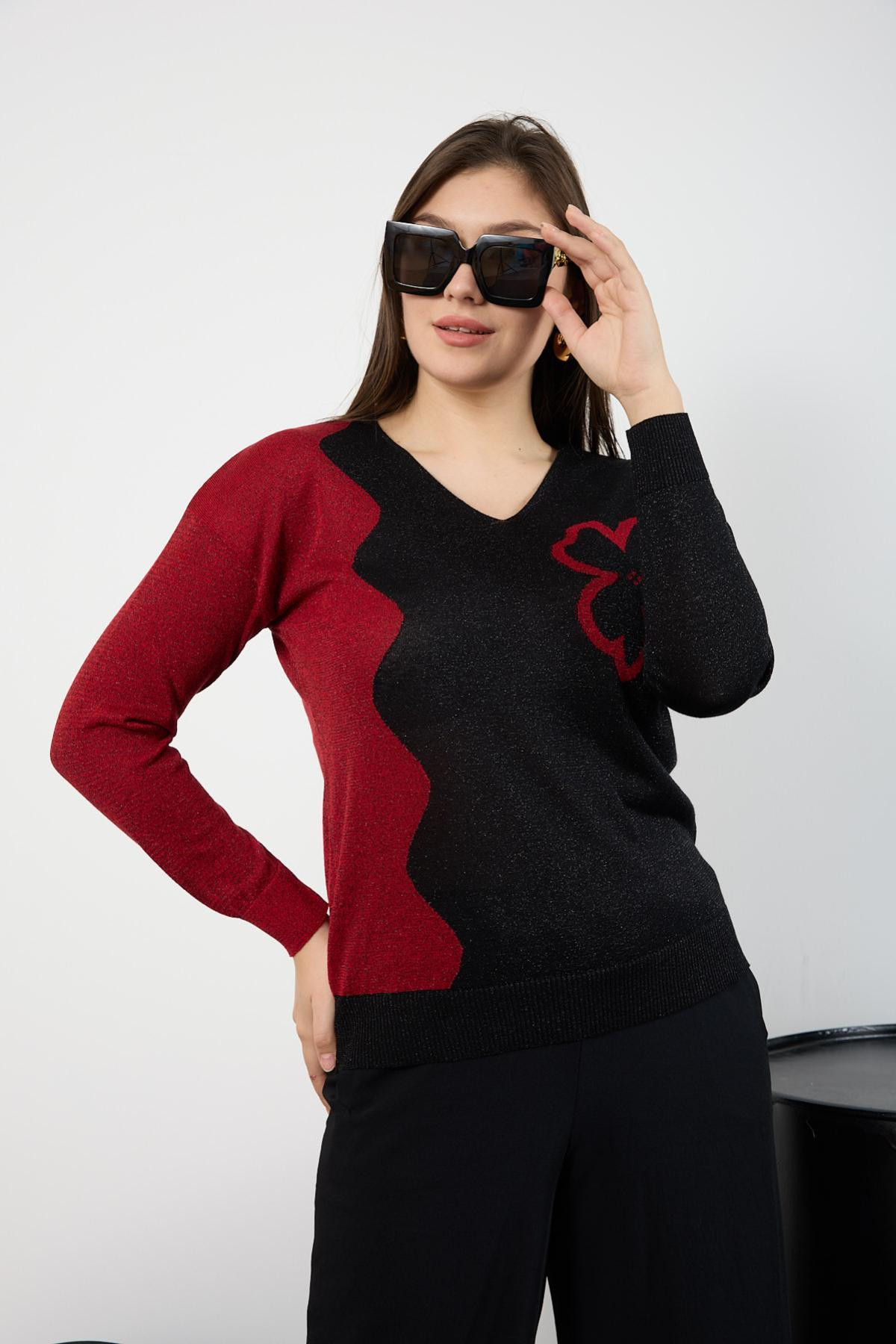 Wholesale Women Black-Red Two Tone Glittery V-Neck Knit Blouse 725241