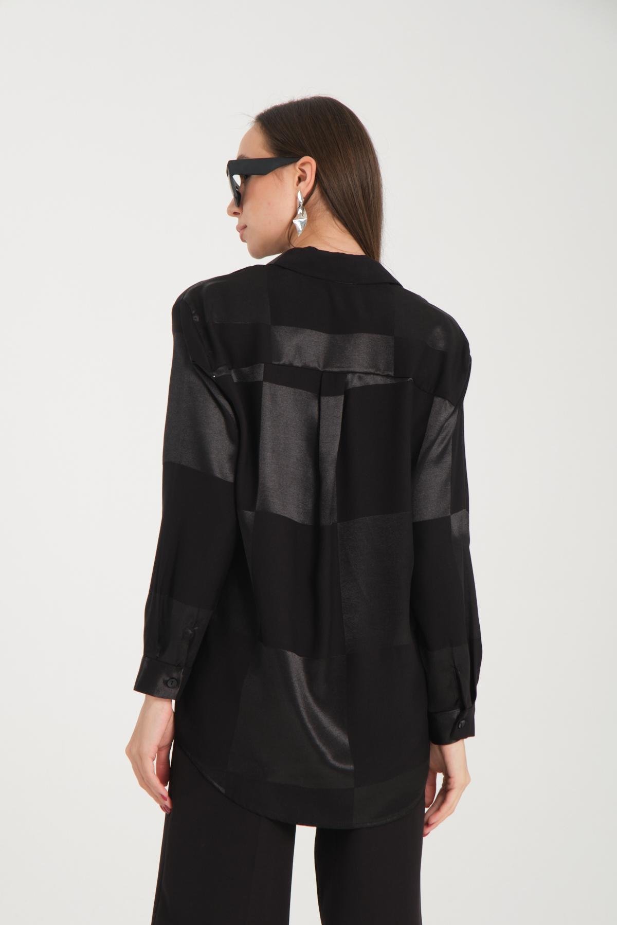 Wholesale Women Black Rhinestones Satin Shirt 717129