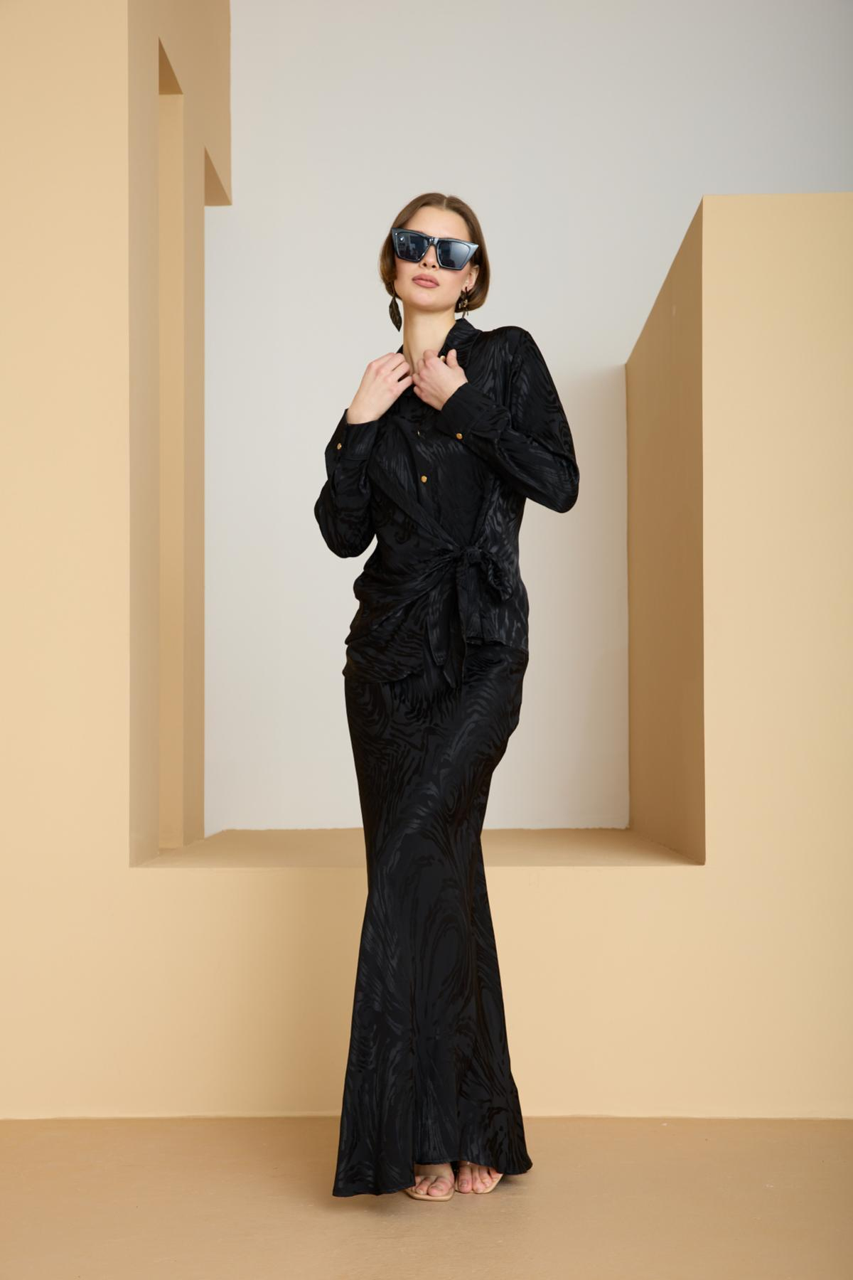 Wholesale Women Black Satin Jacquard Suit - Shirt with Gathered Front and Flared Skirt Set 729172
