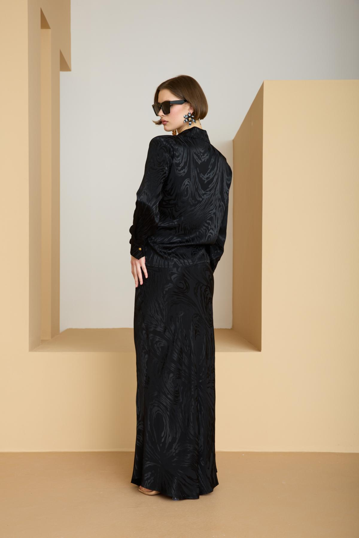 Wholesale Women Black Satin Jacquard Suit - Shirt with Gathered Front and Flared Skirt Set 729172