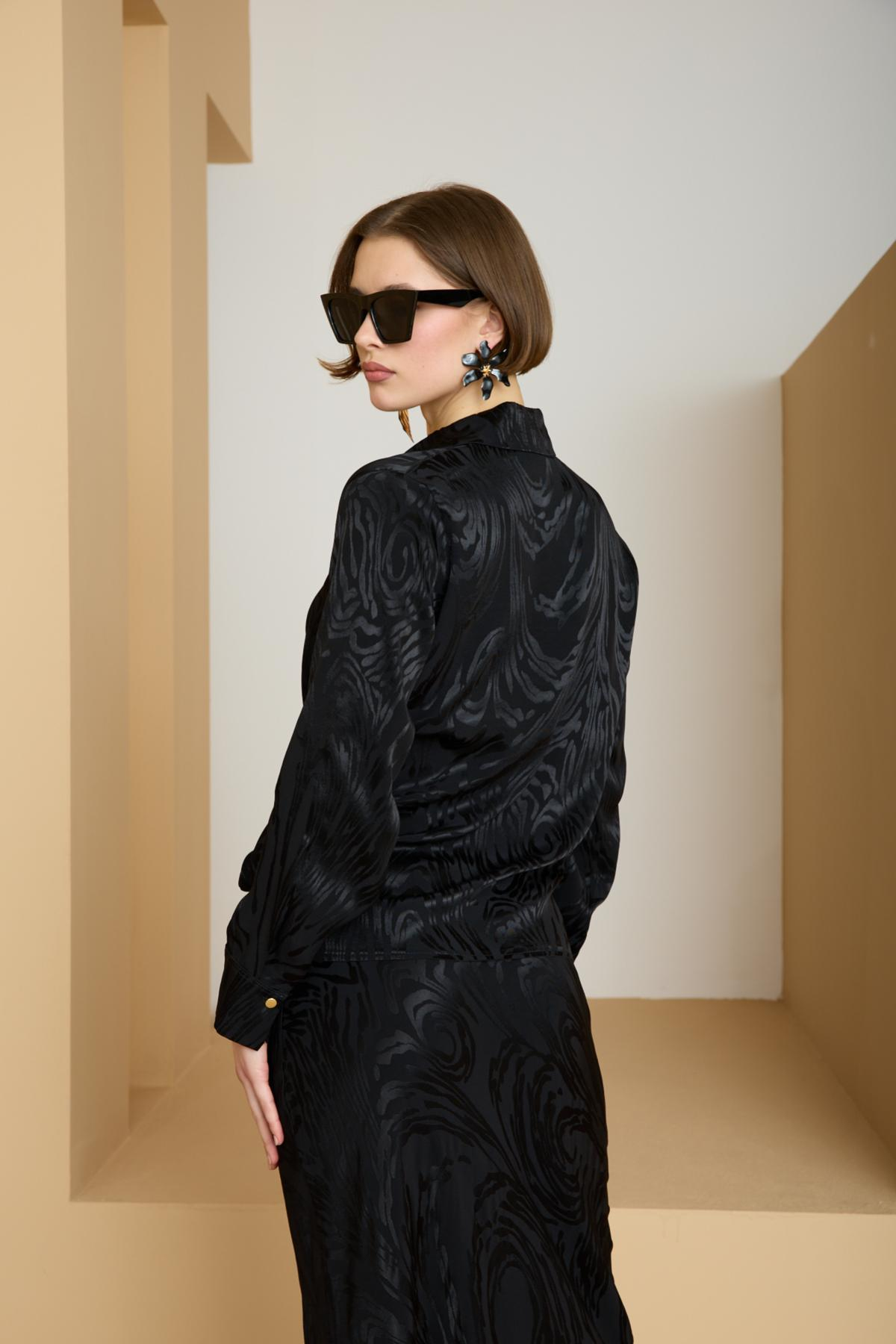 Wholesale Women Black Satin Jacquard Suit - Shirt with Gathered Front and Flared Skirt Set 729172