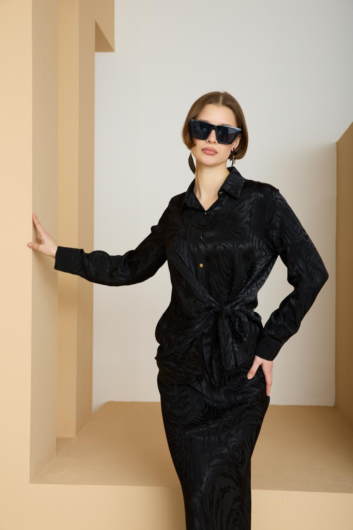 Wholesale Women Black Satin Jacquard Suit - Shirt with Gathered Front and Flared Skirt Set 729172