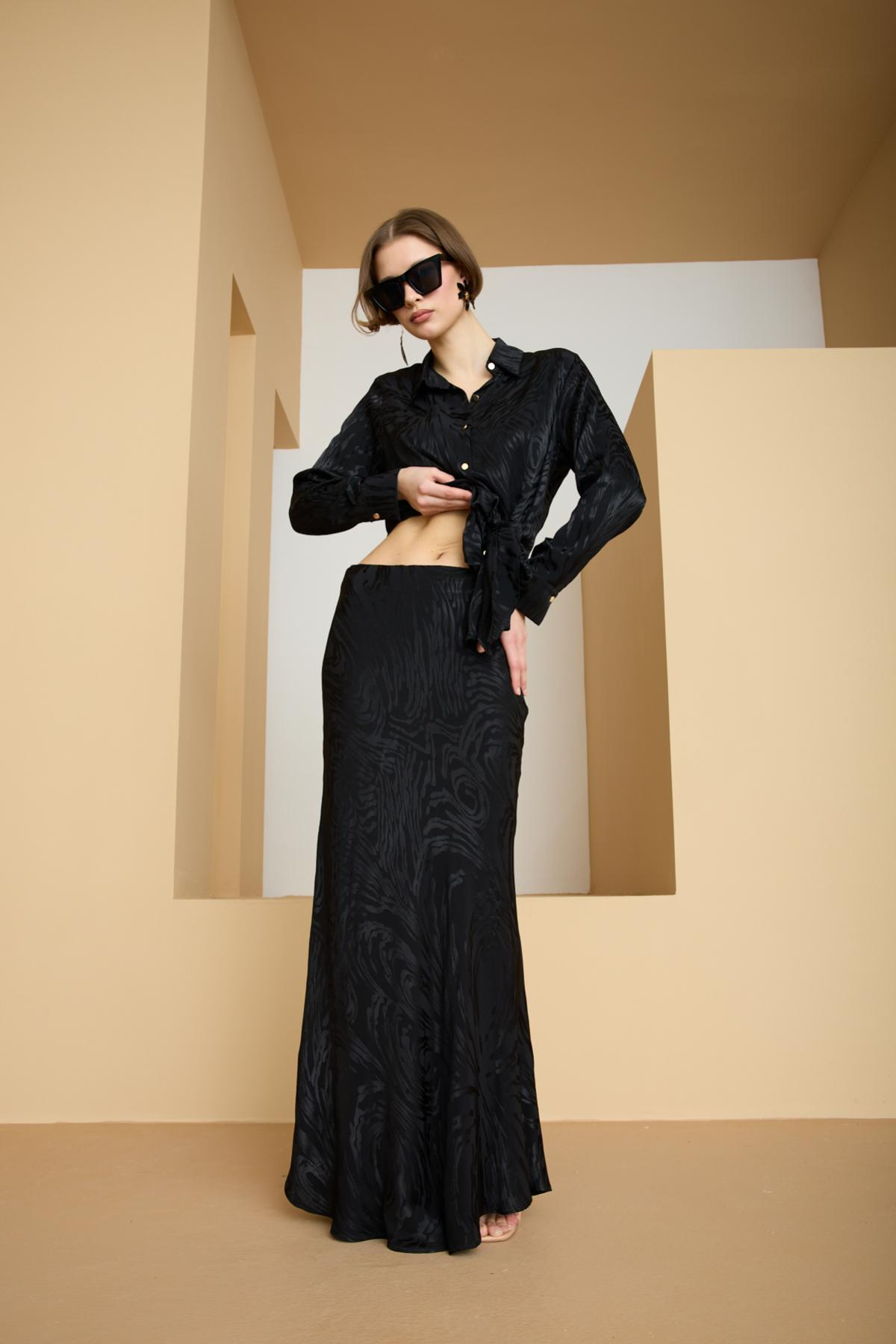Wholesale Women Black Satin Jacquard Suit - Shirt with Gathered Front and Flared Skirt Set 729172