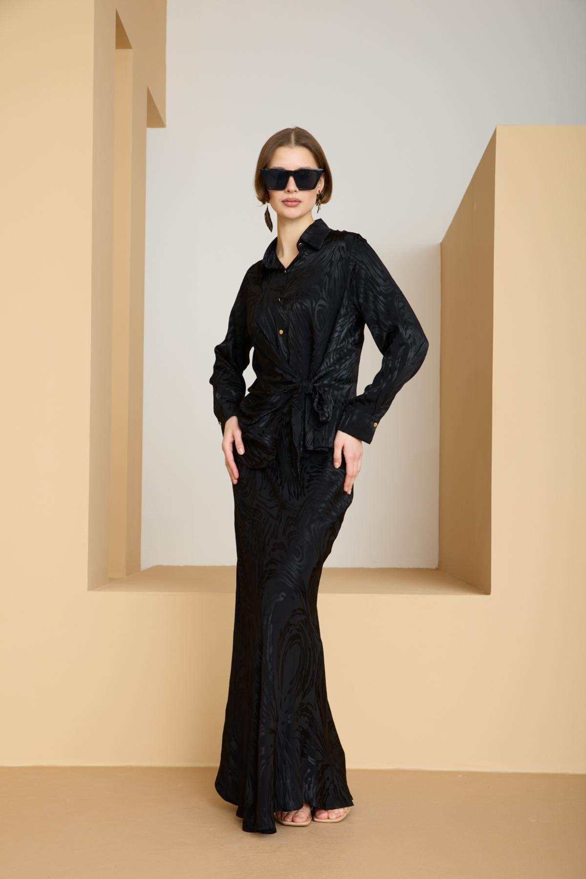 Wholesale Women Black Satin Jacquard Suit - Shirt with Gathered Front and Flared Skirt Set 729172