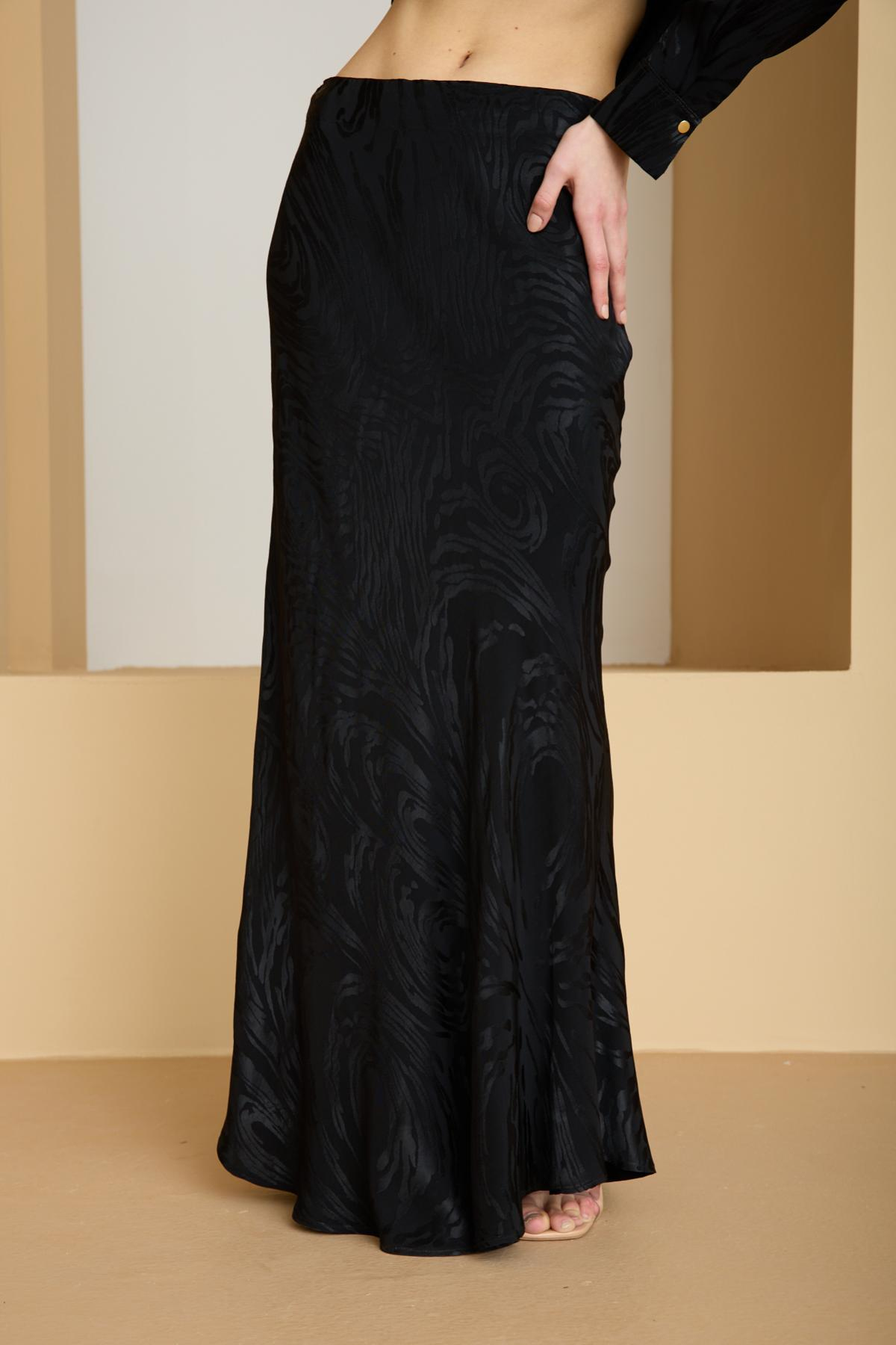 Wholesale Women Black Satin Jacquard Suit - Shirt with Gathered Front and Flared Skirt Set 729172