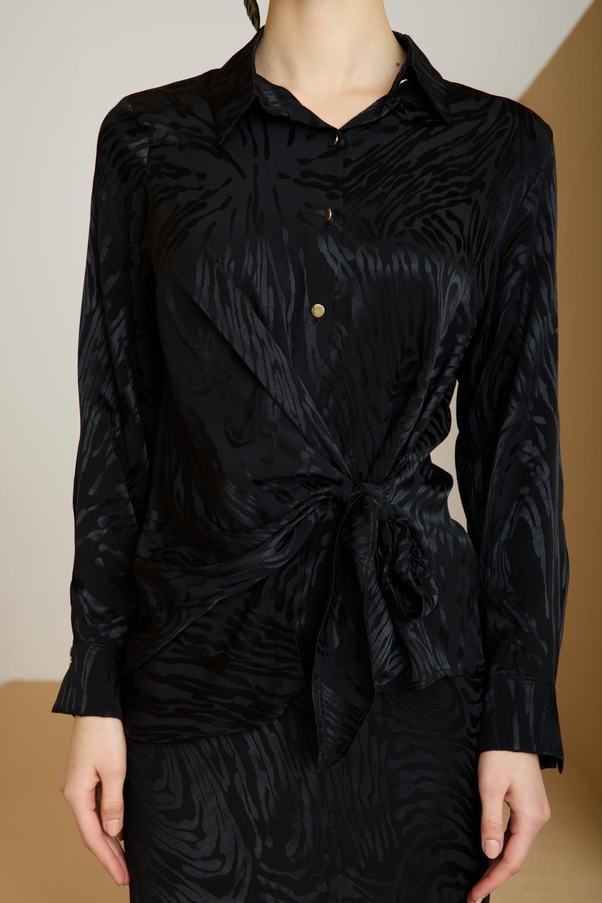 Wholesale Women Black Satin Jacquard Suit - Shirt with Gathered Front and Flared Skirt Set 729172