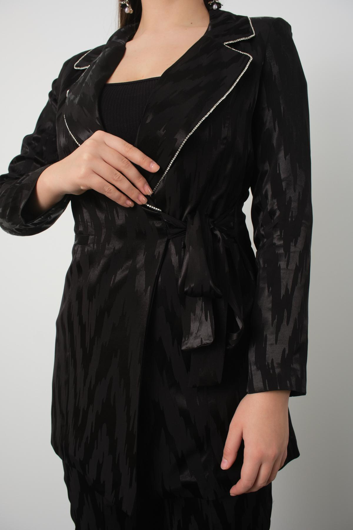 Wholesale Women Black Satin Jacquard Two-Piece Suit - Side-Tie Blazer with Rhinestone Embellishments Paired with Pants 729221