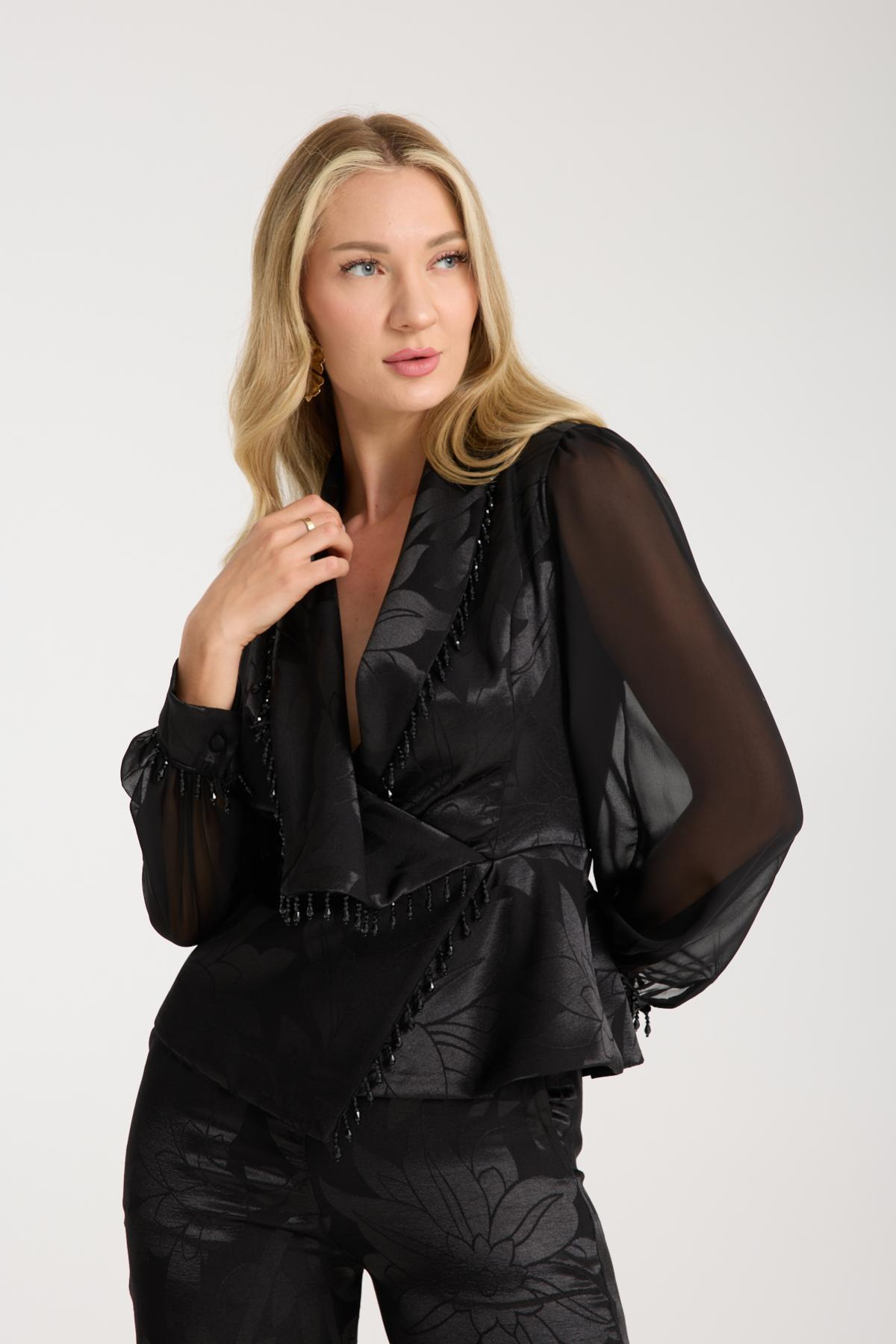 Wholesale Women Black Satin Jacquard Two-Piece Suit 729477