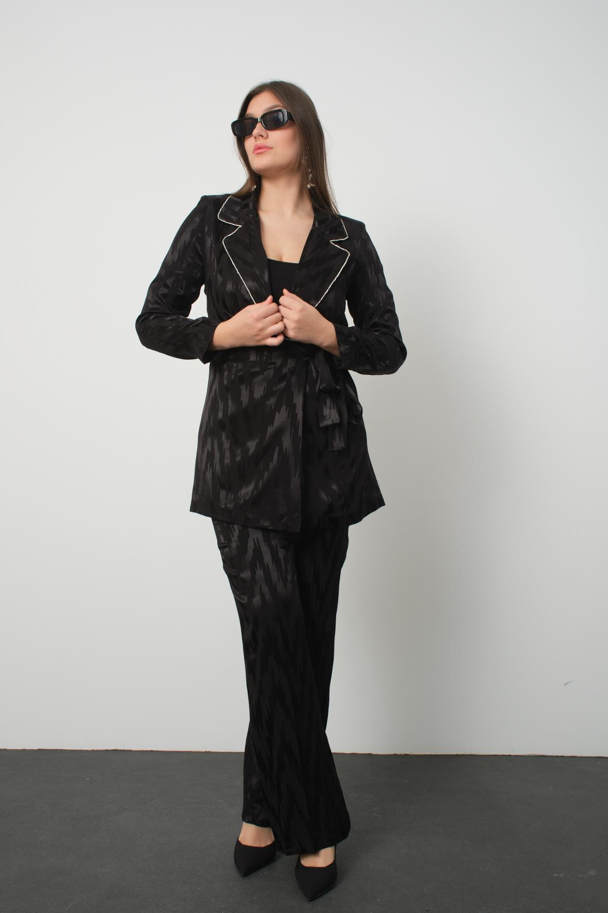 Wholesale Women Black Satin Jacquard Two-Piece Suit - Side-Tie Blazer with Rhinestone Embellishments Paired with Pants 729221