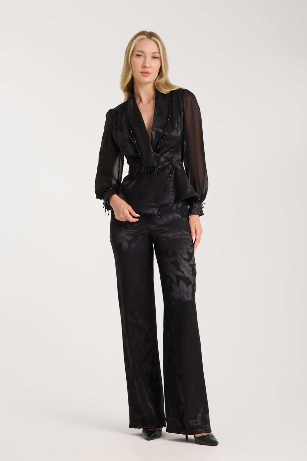 Wholesale Women Black Satin Jacquard Two-Piece Suit 729477