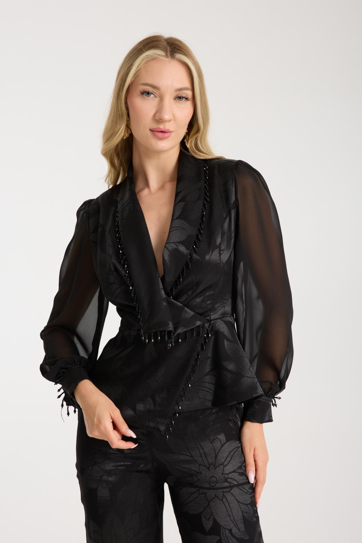 Wholesale Women Black Satin Jacquard Two-Piece Suit 729477