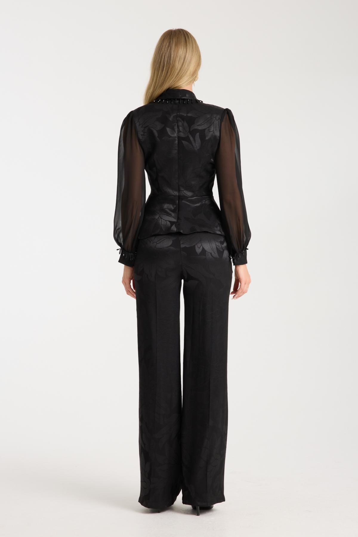 Wholesale Women Black Satin Jacquard Two-Piece Suit 729477