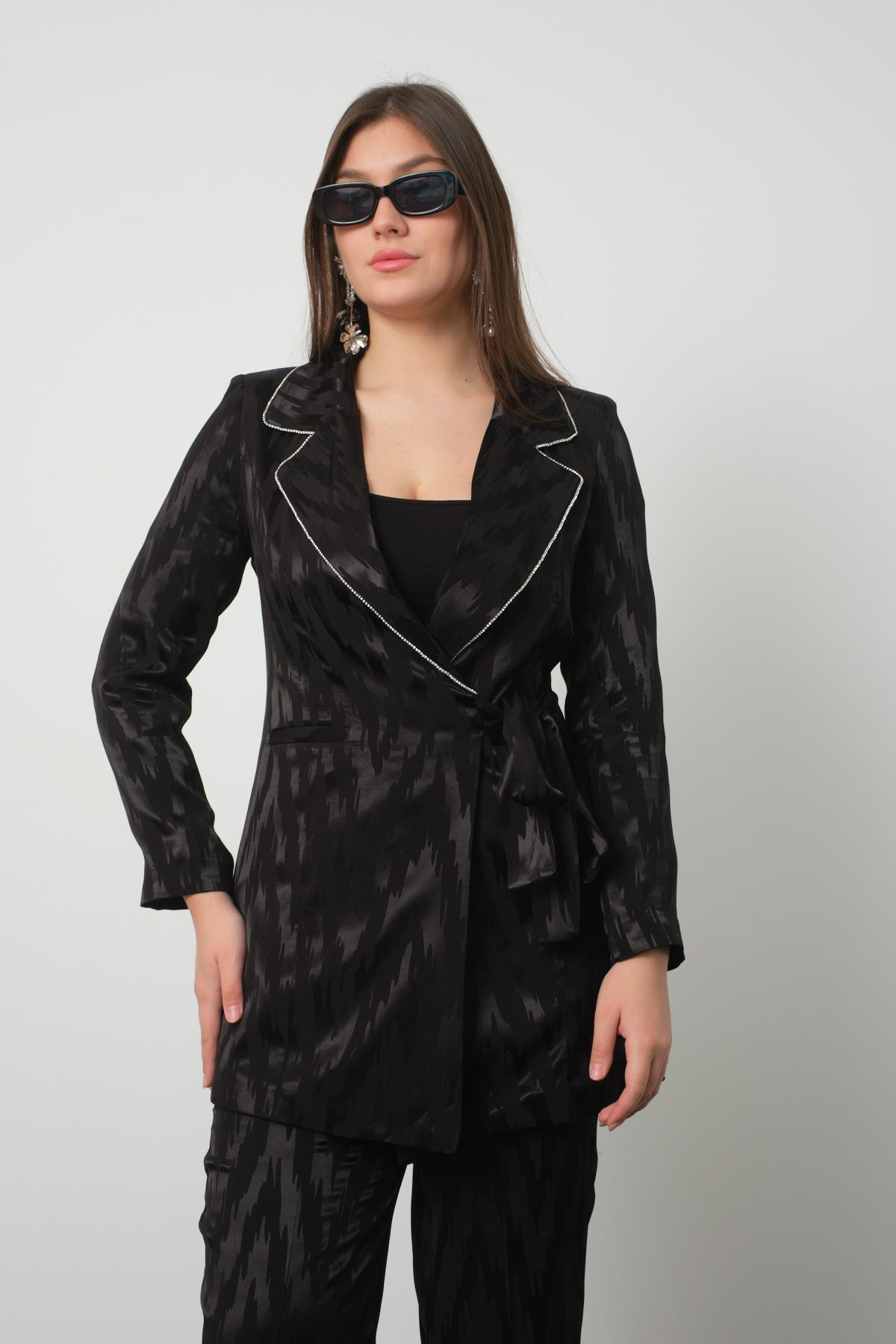 Wholesale Women Black Satin Jacquard Two-Piece Suit - Side-Tie Blazer with Rhinestone Embellishments Paired with Pants 729221