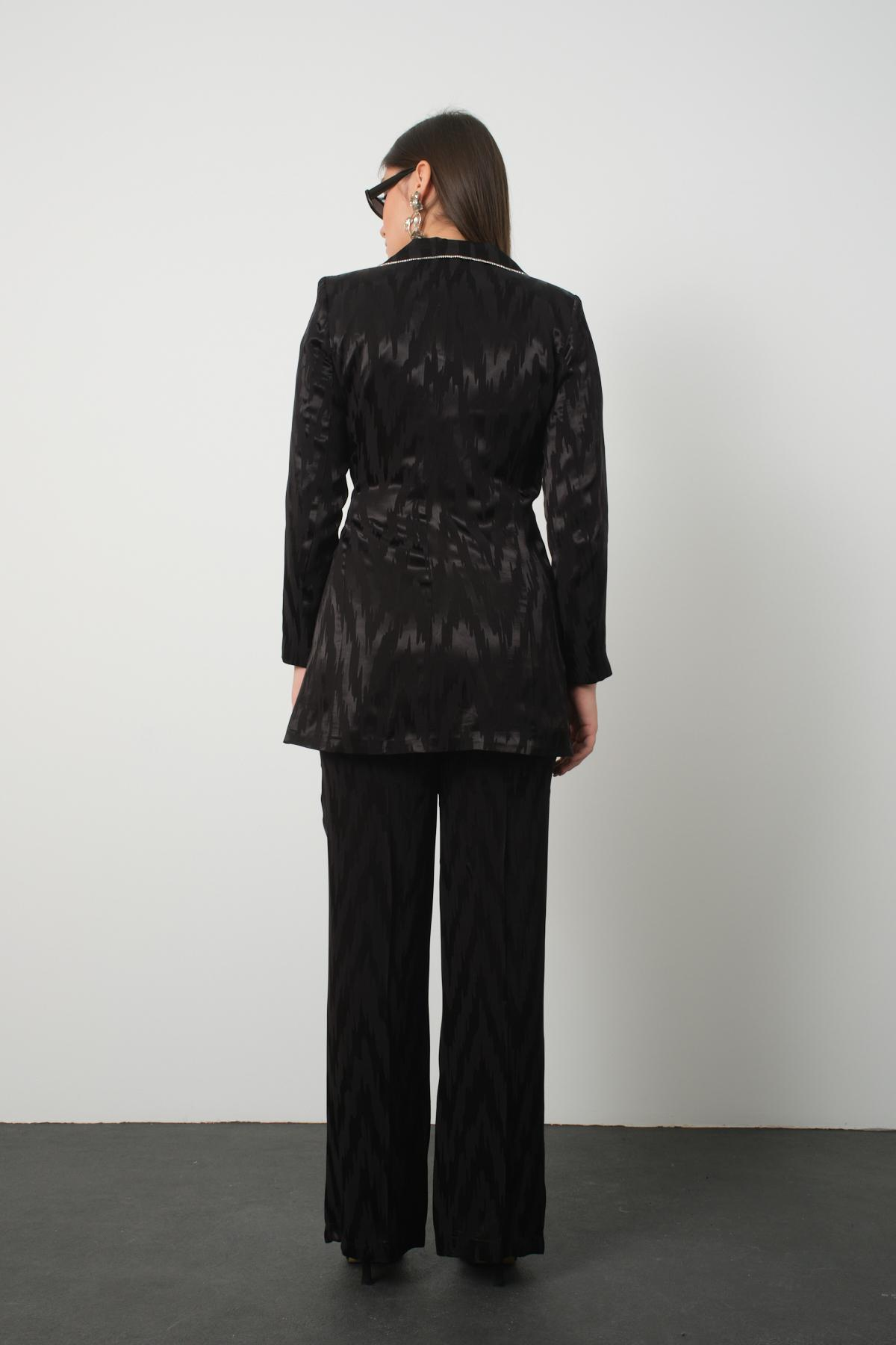 Wholesale Women Black Satin Jacquard Two-Piece Suit - Side-Tie Blazer with Rhinestone Embellishments Paired with Pants 729221
