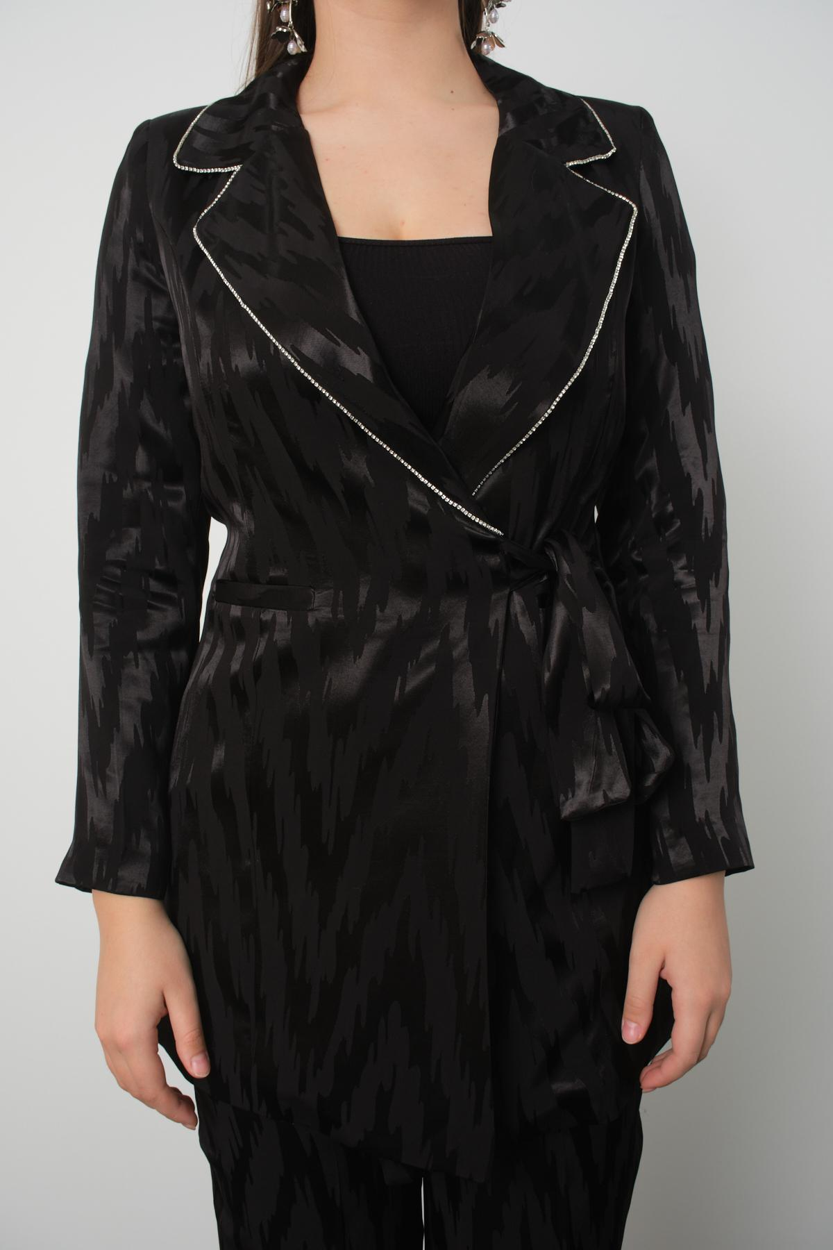 Wholesale Women Black Satin Jacquard Two-Piece Suit - Side-Tie Blazer with Rhinestone Embellishments Paired with Pants 729221