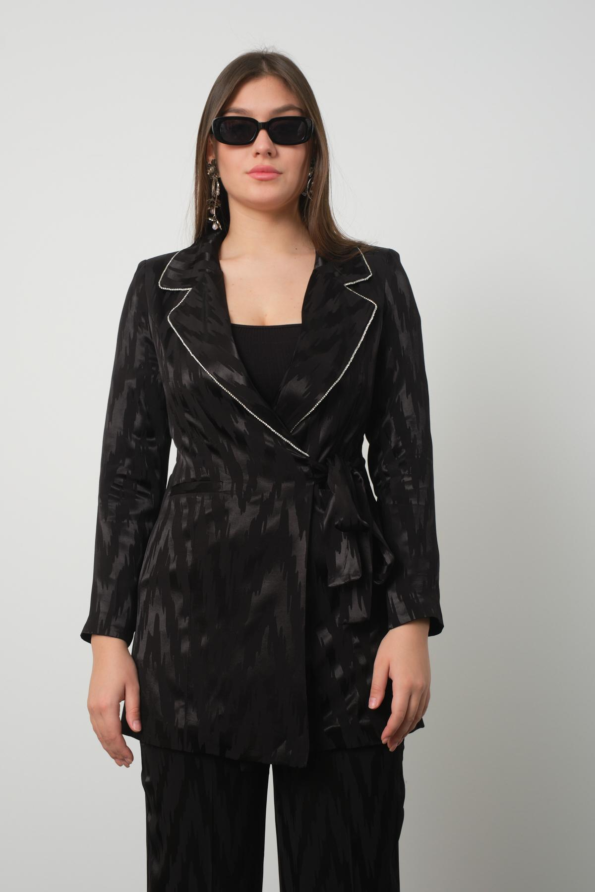 Wholesale Women Black Satin Jacquard Two-Piece Suit - Side-Tie Blazer with Rhinestone Embellishments Paired with Pants 729221