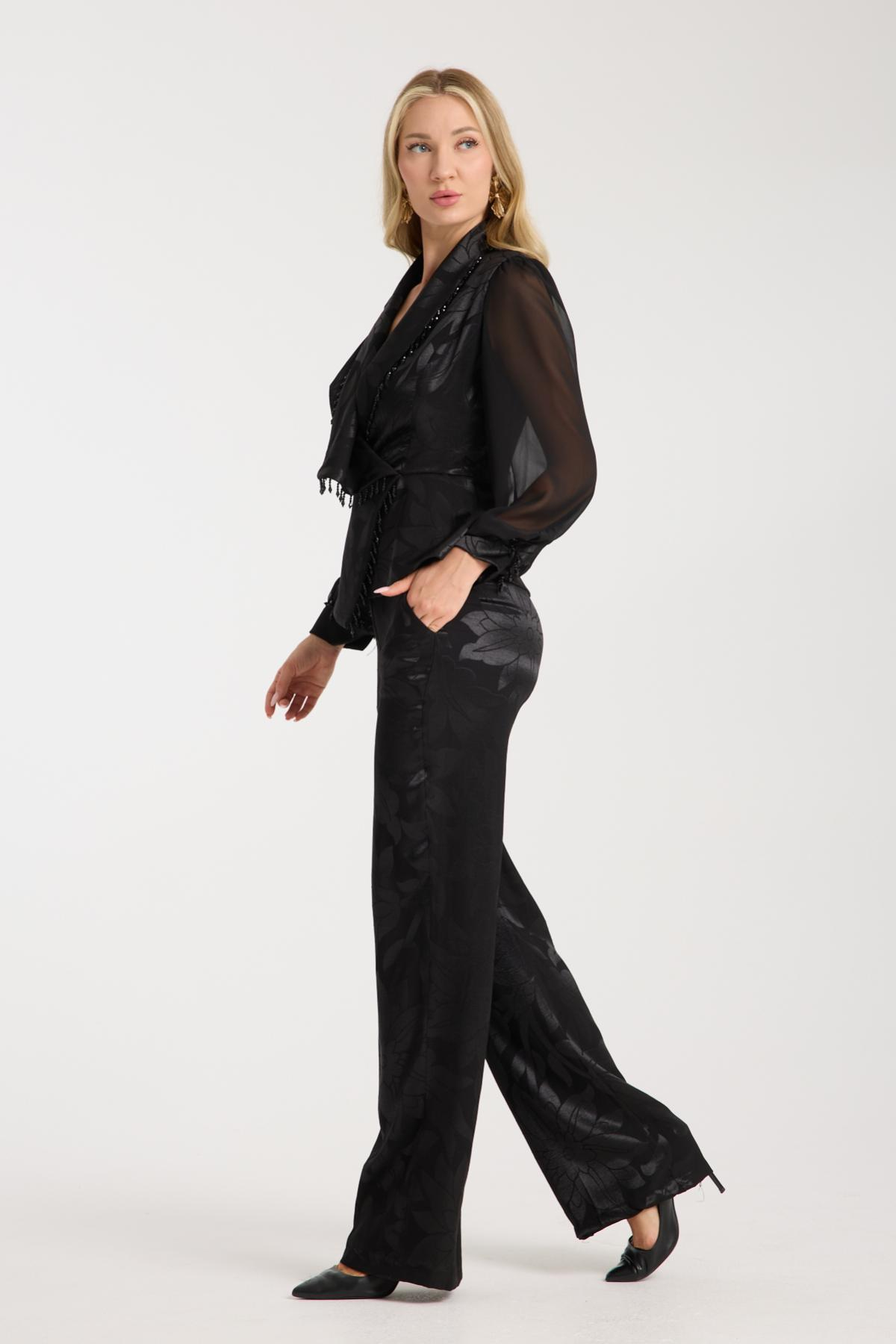 Wholesale Women Black Satin Jacquard Two-Piece Suit 729477