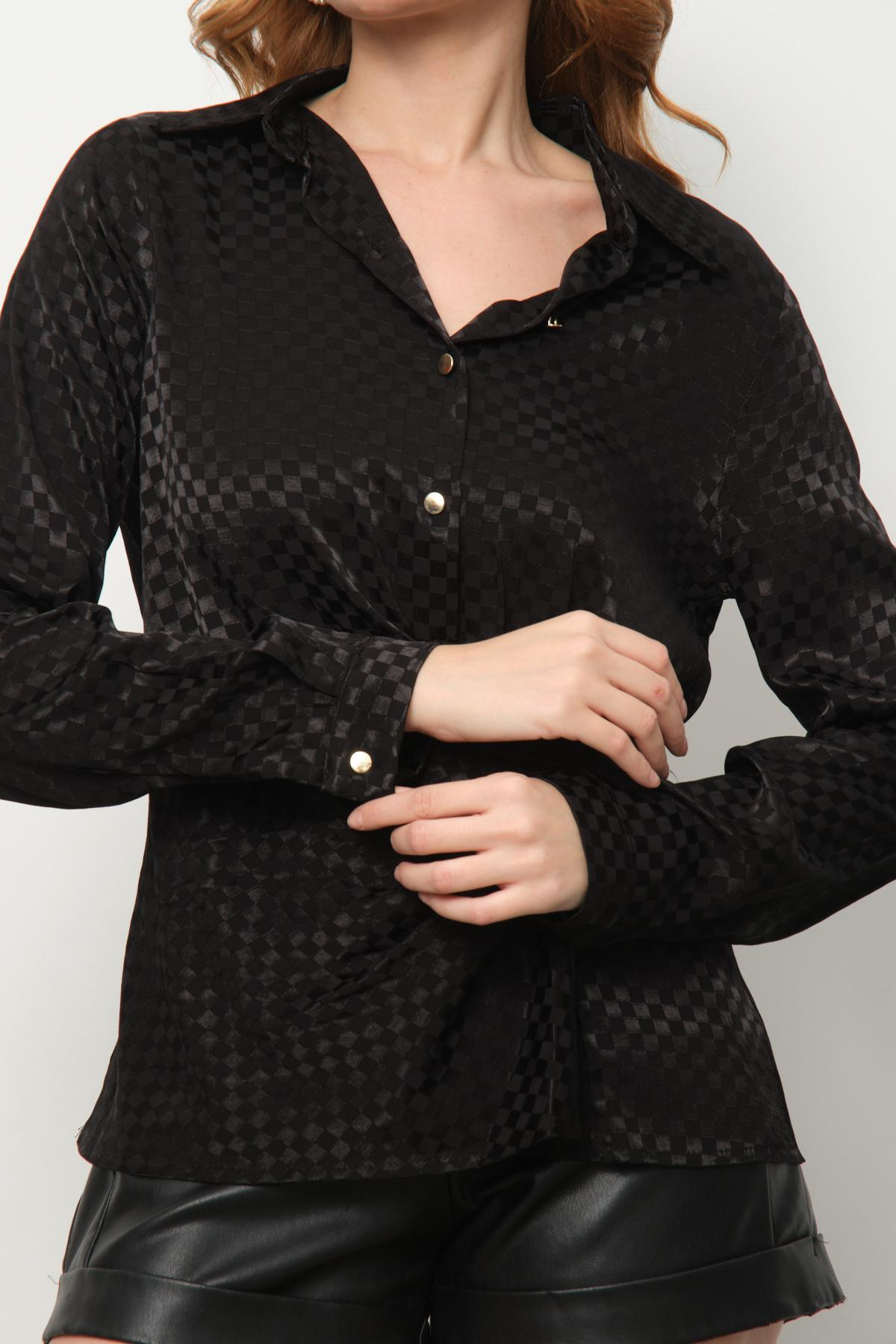 Wholesale Women Black Satin Shirt with Gathered Front 713694