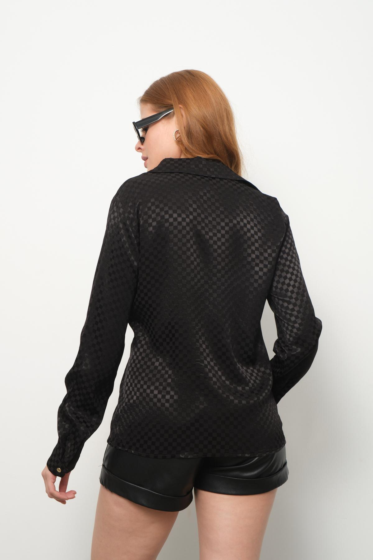 Wholesale Women Black Satin Shirt with Gathered Front 713694