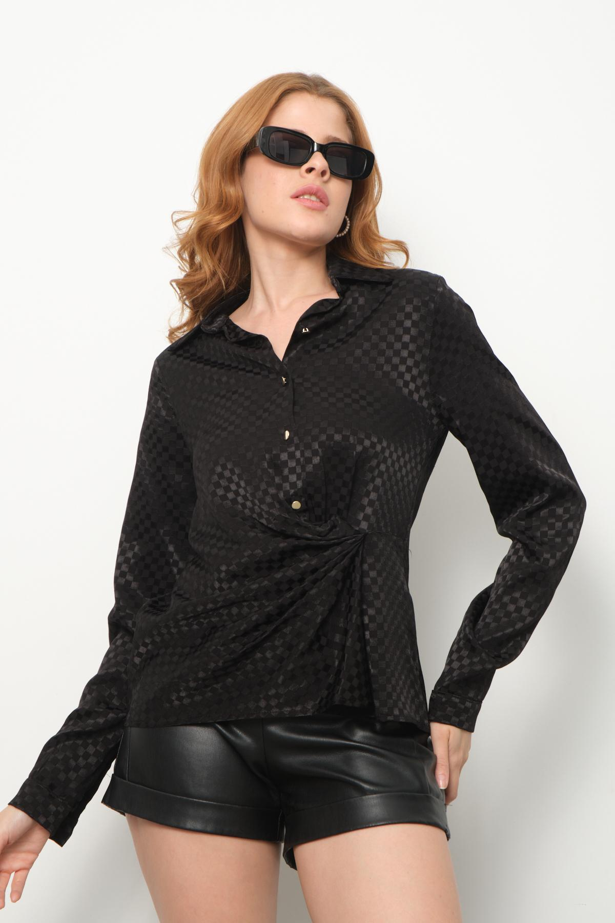 Wholesale Women Black Satin Shirt with Gathered Front 713694