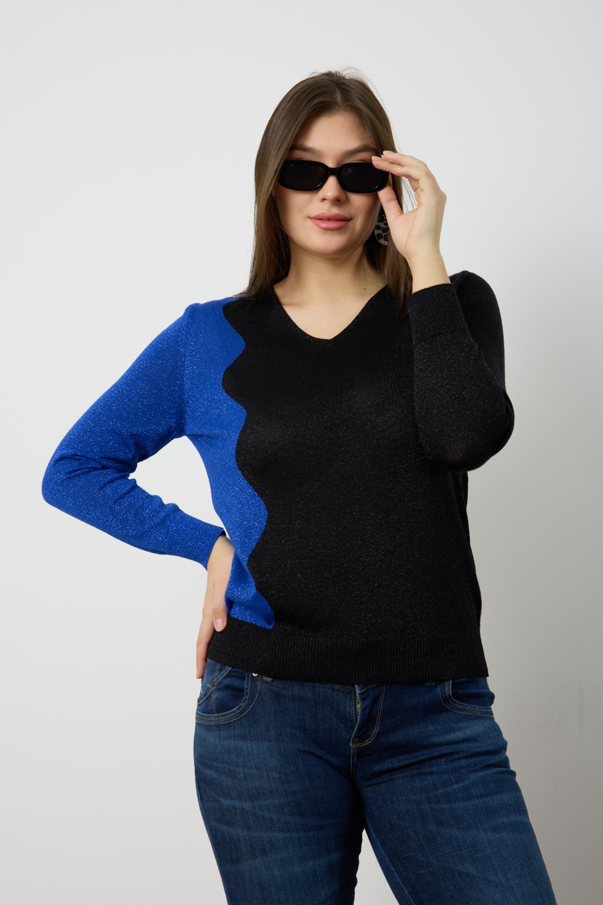 Wholesale Women Black-Sax Two Tone Glittery V-Neck Knit Blouse 724828