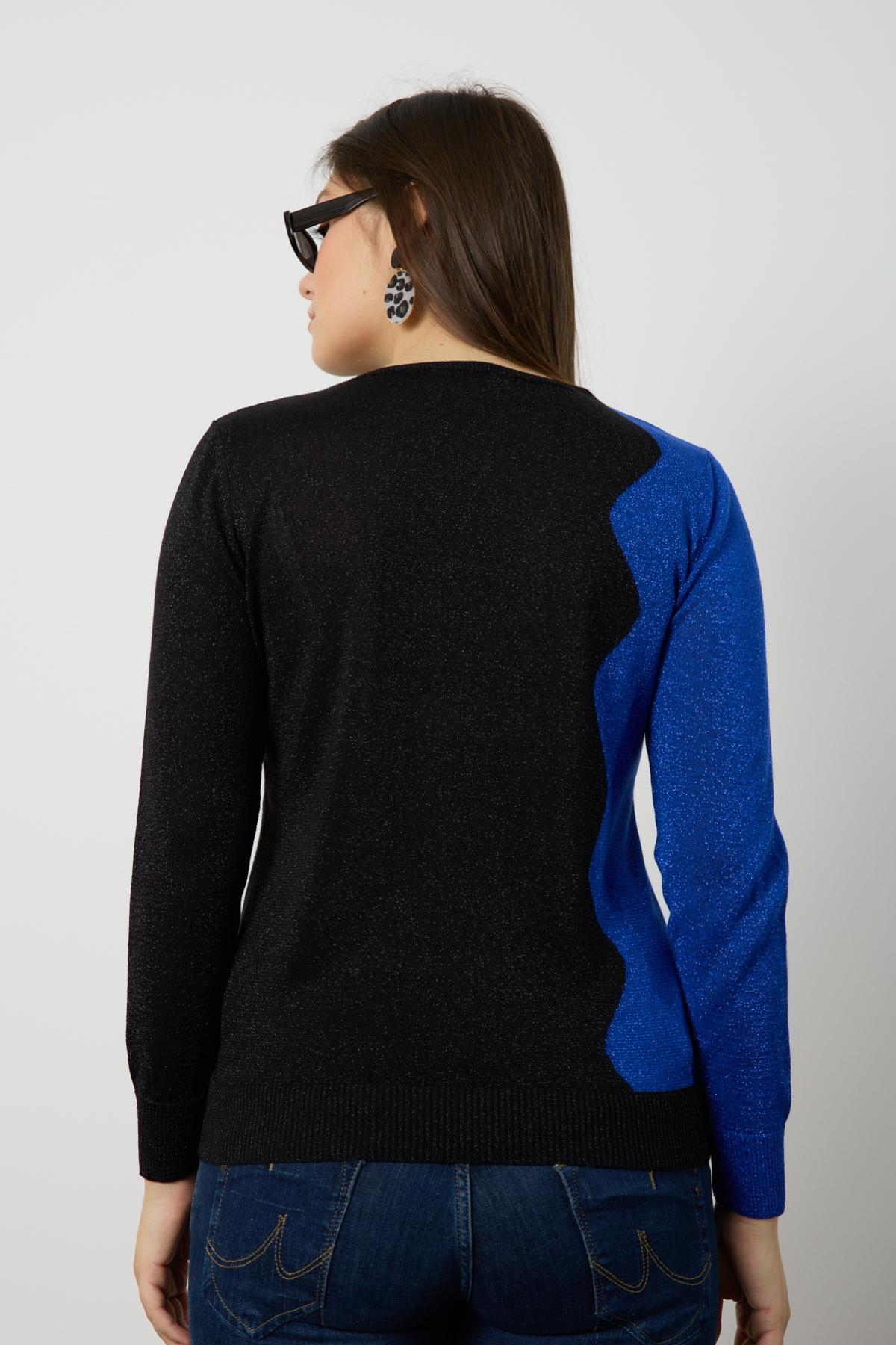 Wholesale Women Black-Sax Two Tone Glittery V-Neck Knit Blouse 724828