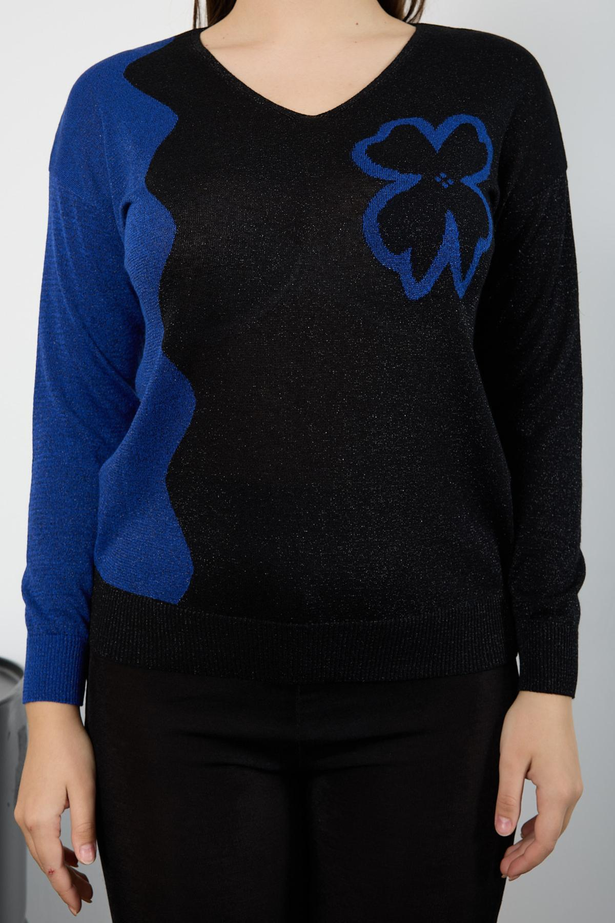 Wholesale Women Black-Sax Two Tone Glittery V-Neck Knit Blouse 725237