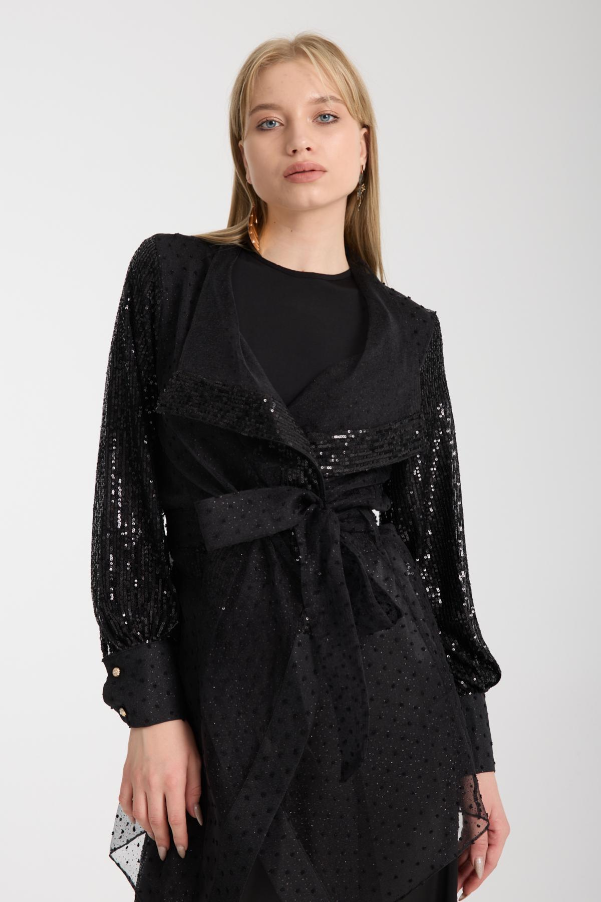 Wholesale Women Black Sequined Three-Piece Set - Pom-pom Jacket, Sandy Top and Satin Trousers 733398