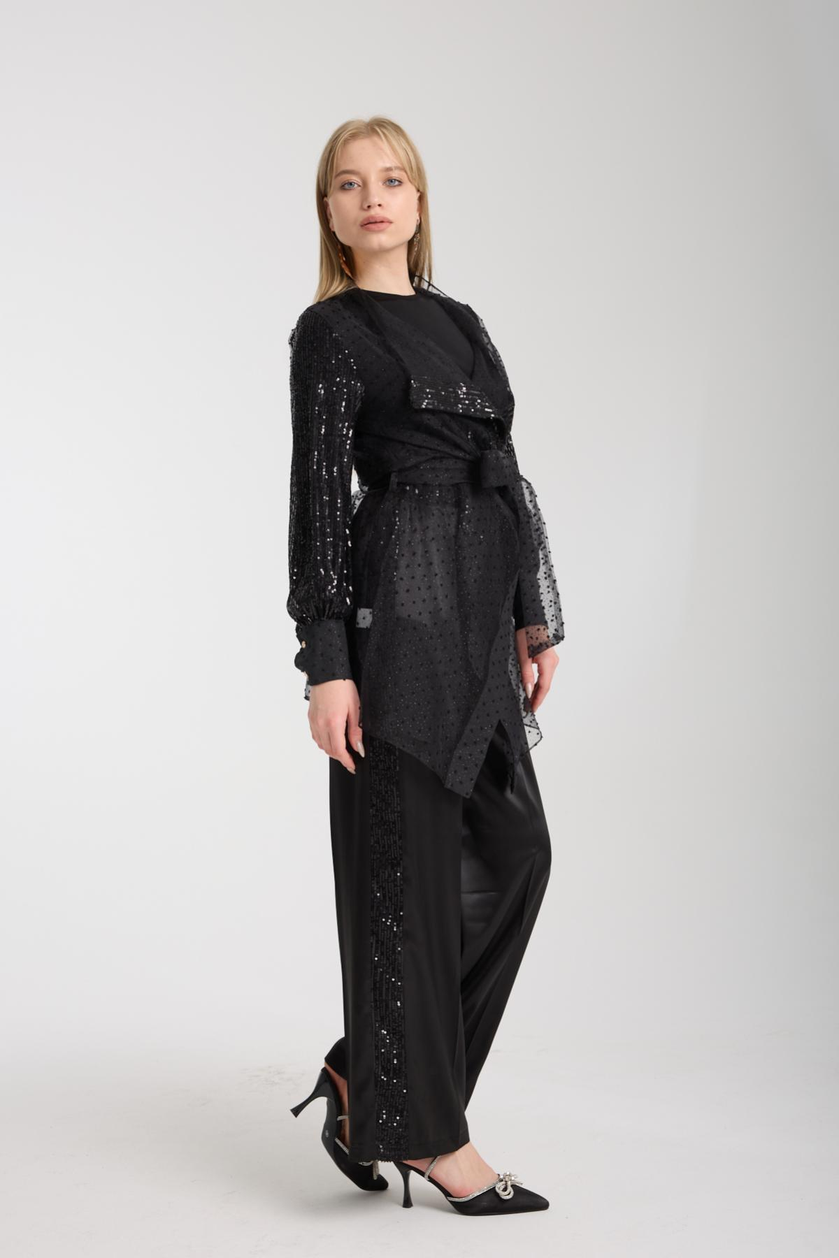 Wholesale Women Black Sequined Three-Piece Set - Pom-pom Jacket, Sandy Top and Satin Trousers 733398