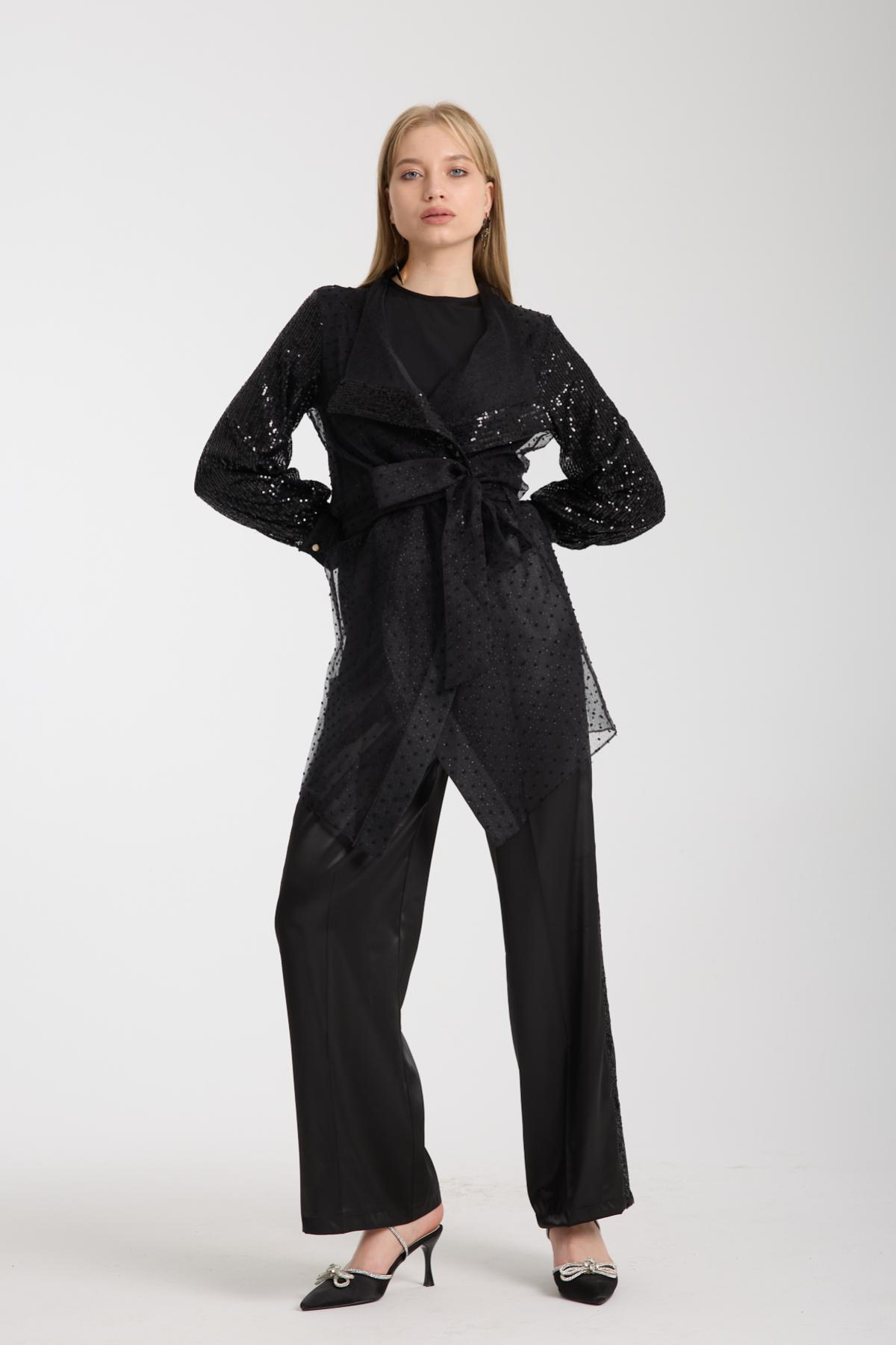Wholesale Women Black Sequined Three-Piece Set - Pom-pom Jacket, Sandy Top and Satin Trousers 733398