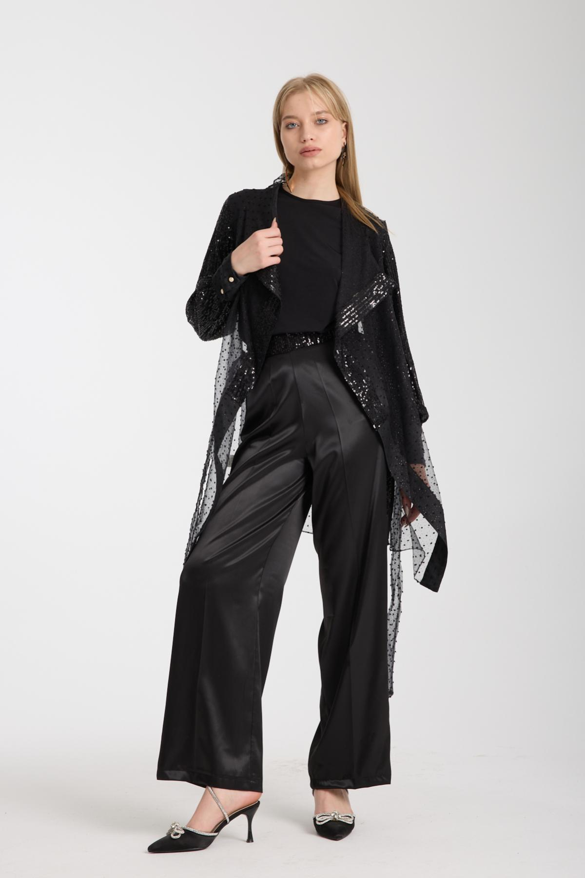 Wholesale Women Black Sequined Three-Piece Set - Pom-pom Jacket, Sandy Top and Satin Trousers 733398