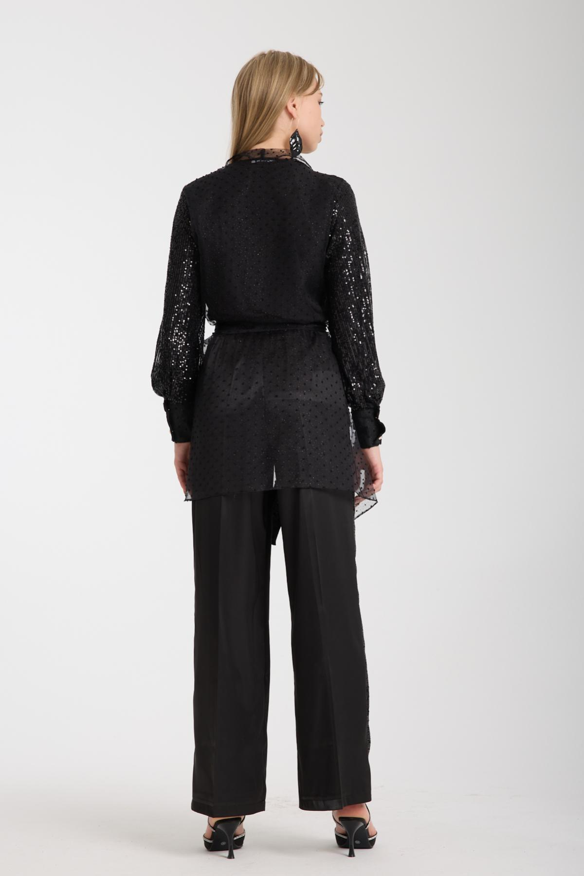 Wholesale Women Black Sequined Three-Piece Set - Pom-pom Jacket, Sandy Top and Satin Trousers 733398